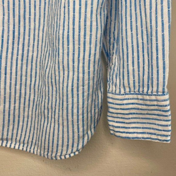 TALBOTS woman's size medium M 100% linen blue white striped button top shirt - Picture 6 of 12